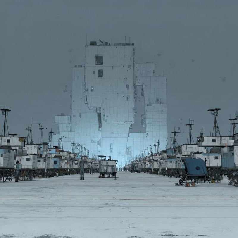 A row of huts on stilts leading to a huge bluish building in the fog.