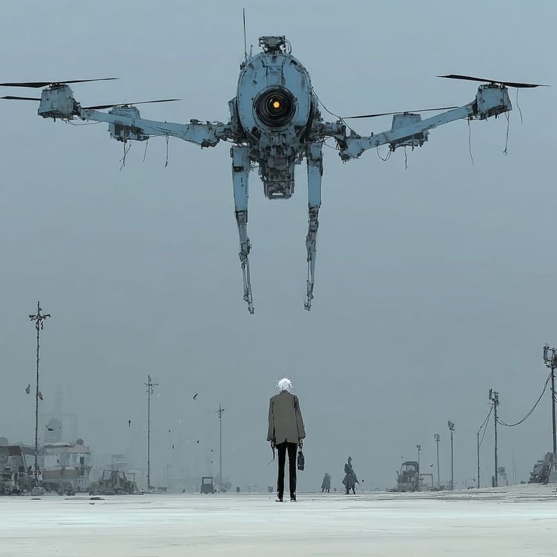 An old man in a coat standing on an esplanade, facing a giant drone with an orange eye.