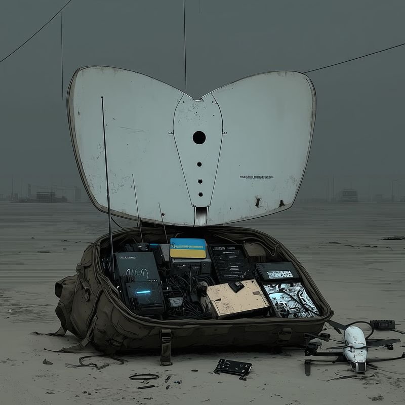 An open bag on a grey beach, full of radio gear, under a heart-shaped antenna.