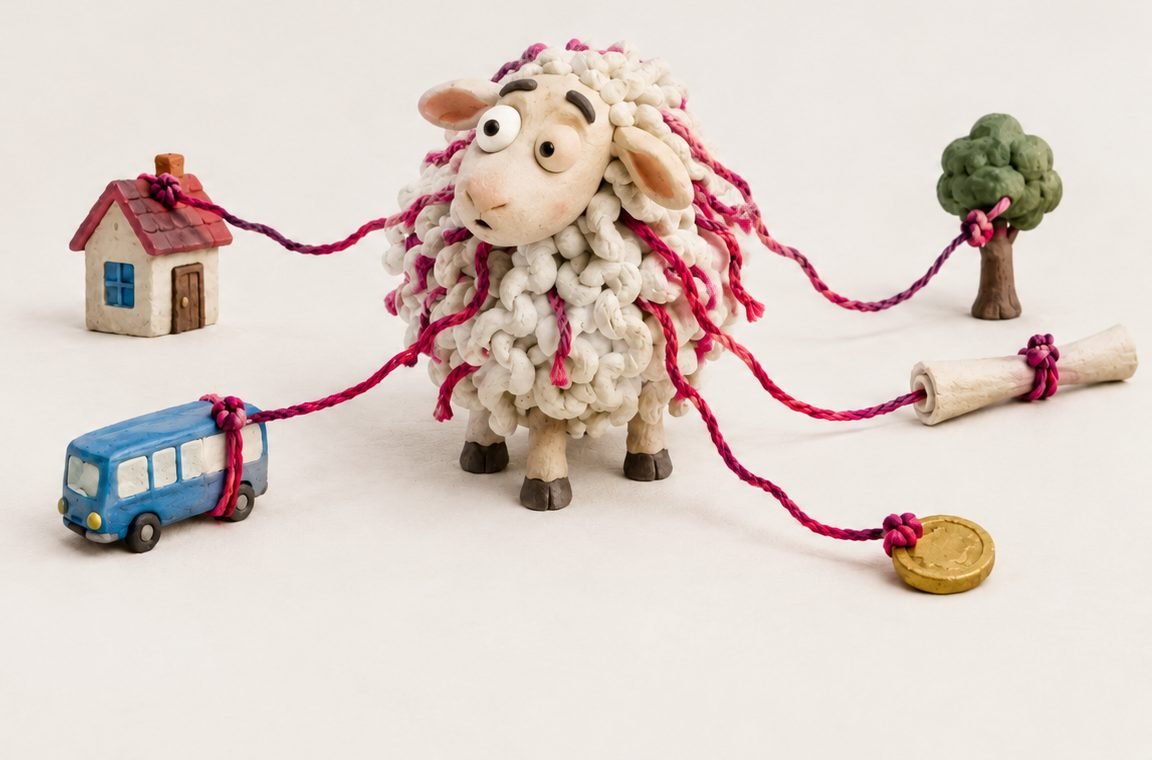 A surprised plasticine sheep whose pink wool threads tie themselves to a house, a bus, a tree, a scroll and a coin.